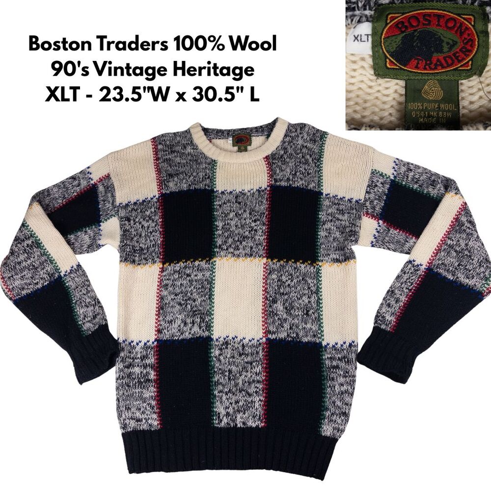 Vintage Boston Traders Wool Sweater XLT Chunky Knit‎ Check Geometric Grandpa 90s